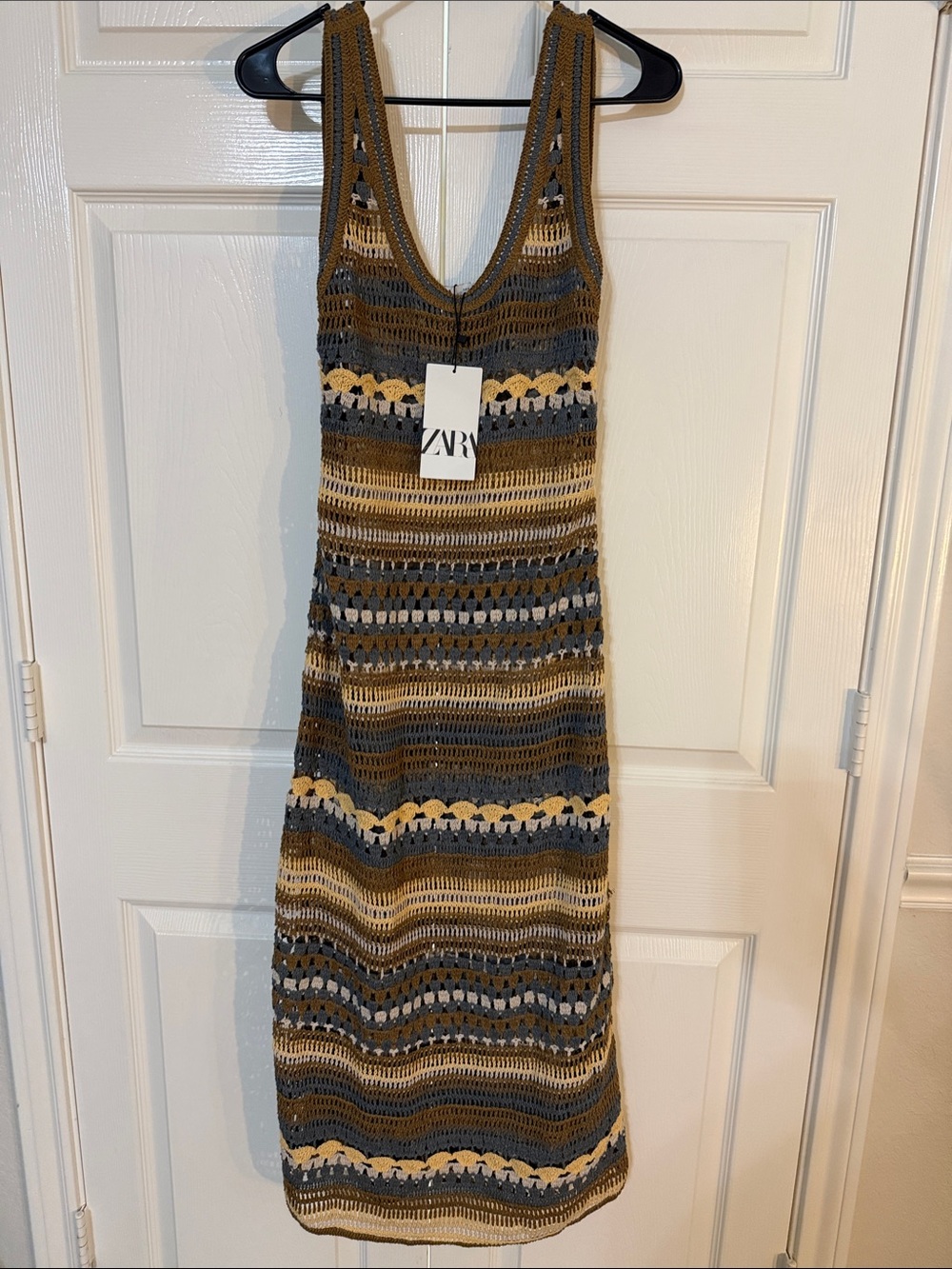 ZARA Brown, Gray & Cream Crochet Midi Dress